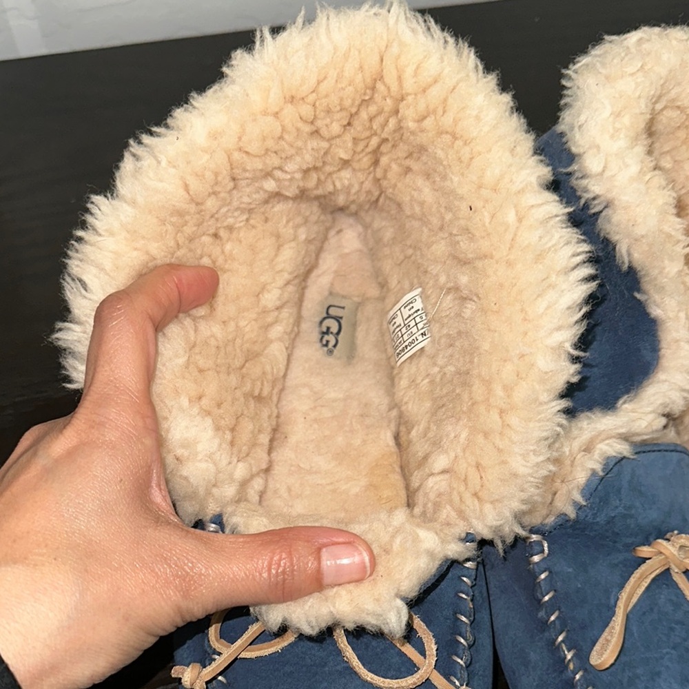 UGG Women's Blue Suede Slippers with Cream Fur - Picture 9 of 16